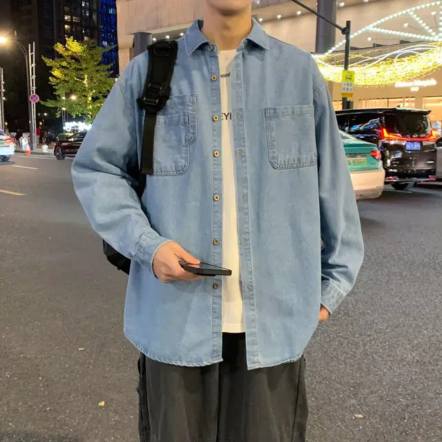 双星八特 美式复古纯色水洗做旧牛仔宽松休闲外套长袖衬衫 男女同款
