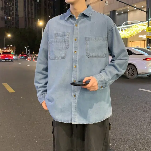 双星八特 美式复古纯色水洗做旧牛仔宽松休闲外套长袖衬衫 男女同款