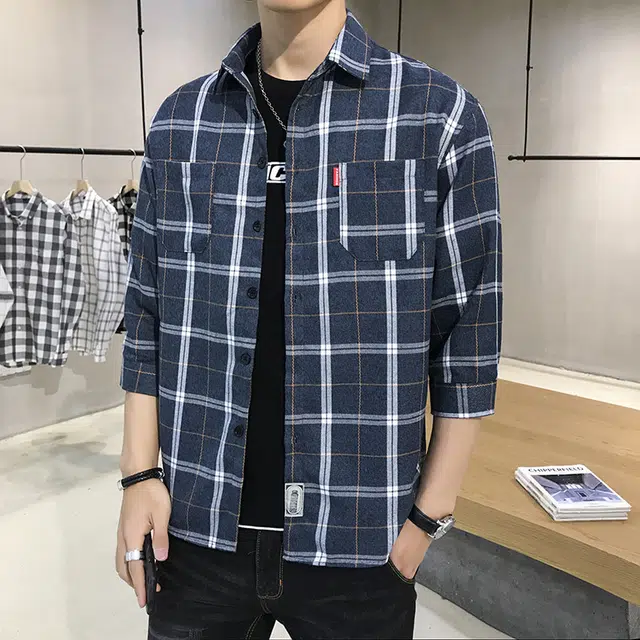 双星八特 休闲百搭格子舒适透气七分袖衬衫 男女同款