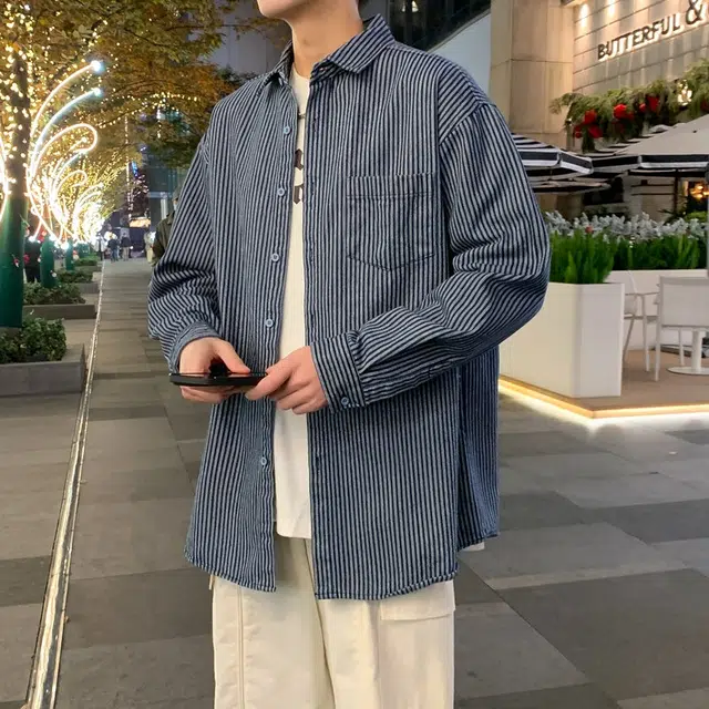 双星八特 学院风经典条纹潮流百搭宽松翻领外套长袖衬衫 男女同款