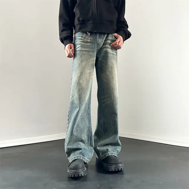 双星八特 美式中腰宽松直筒做旧潮流百搭拉链牛仔裤 男女同款 复古色