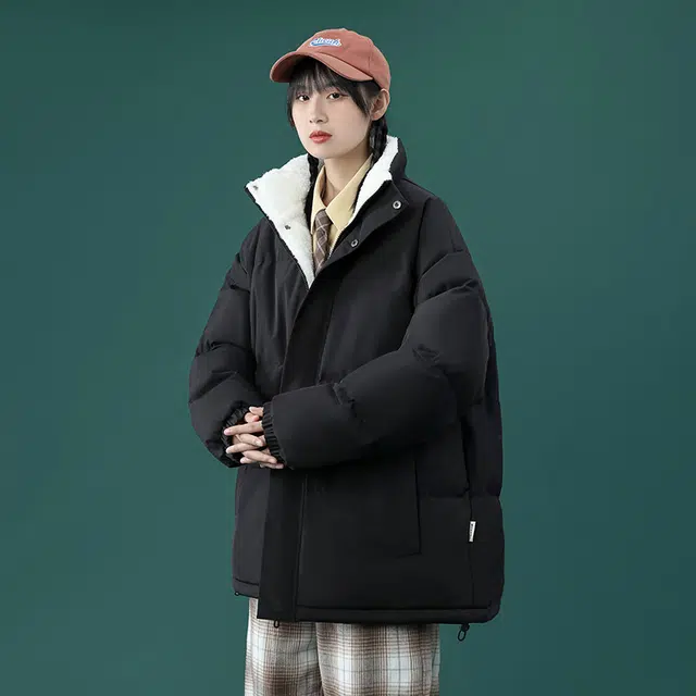 双星八特 美式潮流立领羊羔绒内里宽松休闲百搭纯色外套加绒加厚保暖情侣棉服 男女同款