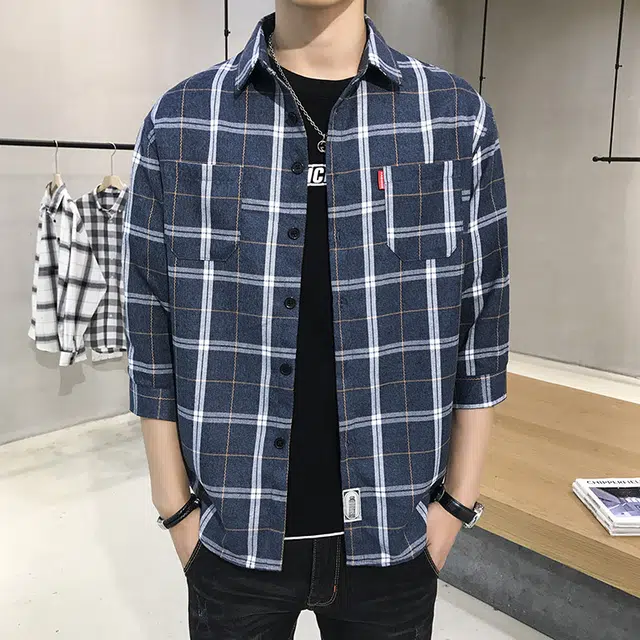 双星八特 休闲百搭格子舒适透气七分袖衬衫 男女同款