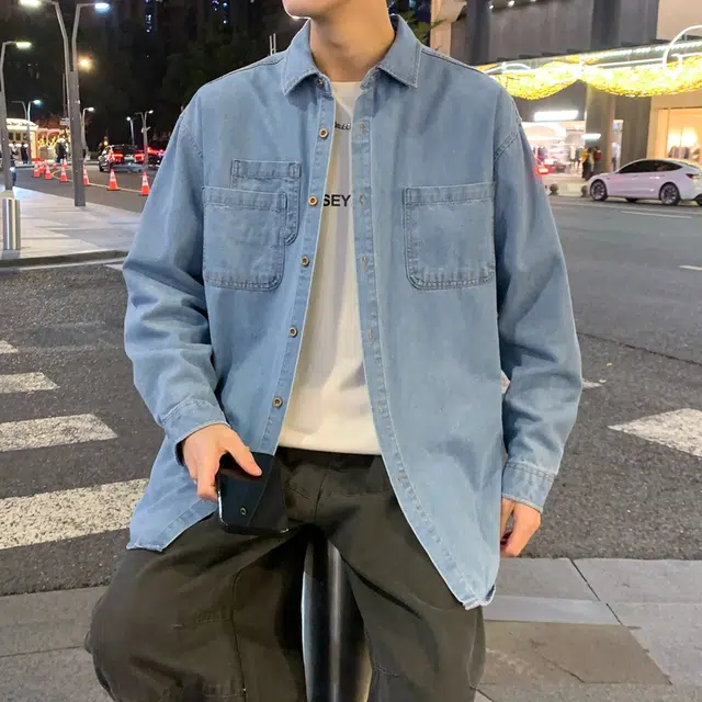 双星八特 美式复古纯色水洗做旧牛仔宽松休闲外套长袖衬衫 男女同款