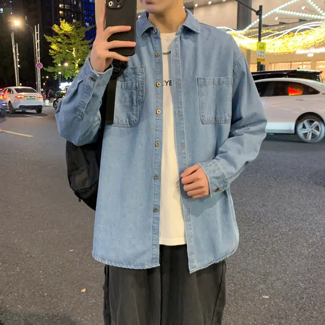 双星八特 美式复古纯色水洗做旧牛仔宽松休闲外套长袖衬衫 男女同款