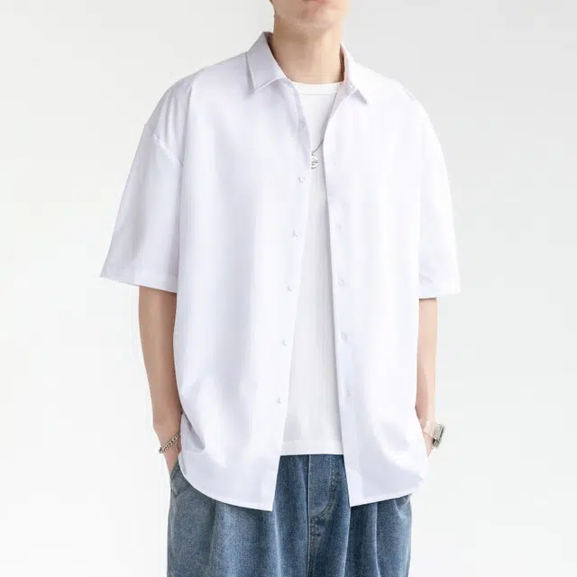 双星八特 学院风纯色简约薄款透气宽松休闲短袖衬衫 男女同款 白色