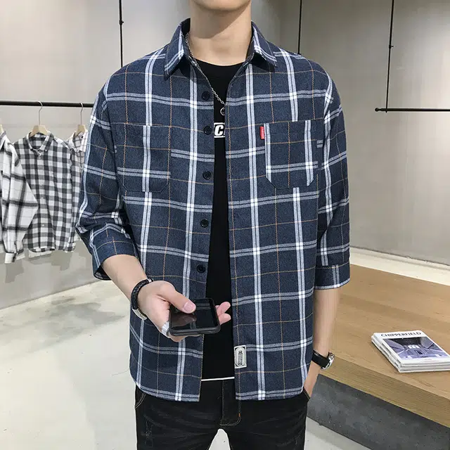 双星八特 休闲百搭格子舒适透气七分袖衬衫 男女同款