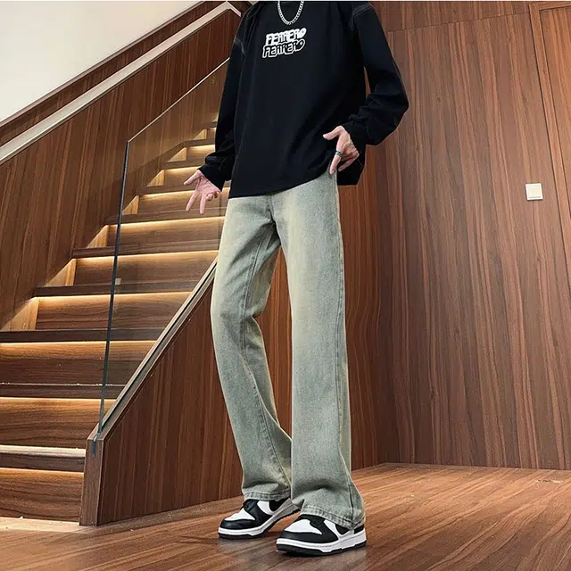 双星八特 美式复古高街微喇水洗做旧舒适百搭柔软修身牛仔裤 男女同款