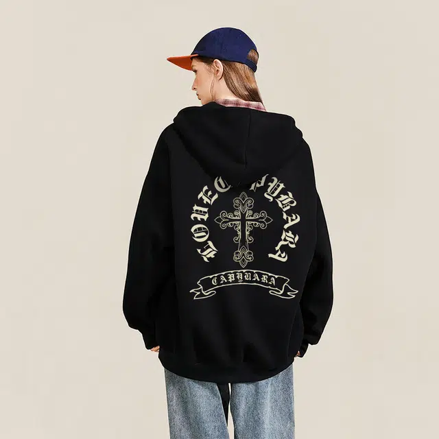卡皮巴拉小黄豚 潮牌美式高街十字架印花重磅连帽外套双拉链设计运动通勤宽松休闲百搭舒适学院风简约学生经典情侣款卫衣 男女同款