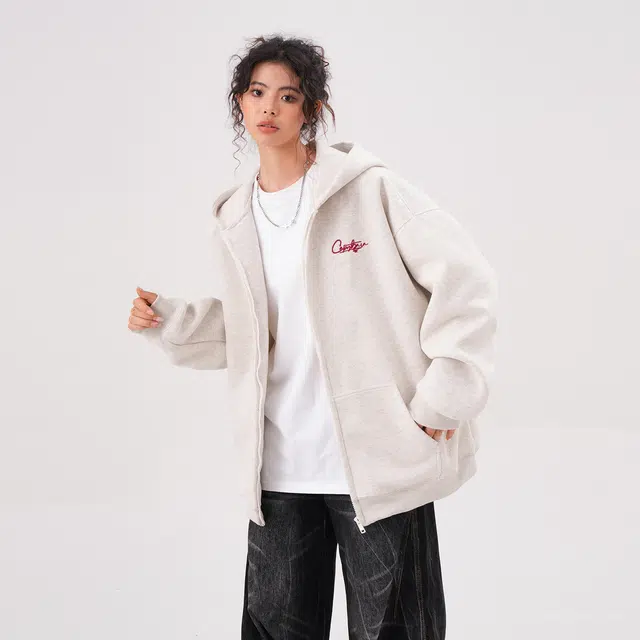 卡皮巴拉小黄豚 美式高街复古潮牌立体字母万针刺绣宽松休闲潮流百搭重磅拉链开衫连帽上衣夹克外套 男女同款