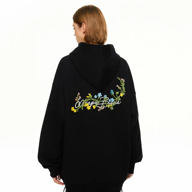 卡皮巴拉小黄豚 美式重磅繁花枝叶环绕艺术仿刺绣签名重工宽松舒适小众高级新中式慵懒无性别氛围感复古高街百搭休闲基础款连帽套头卫衣 男女同款