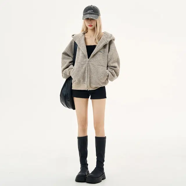 卡皮巴拉小黄豚 绒面条纹五金手工缝线连帽拉链外套无性别主义穿搭美式潮牌复古慵懒风开上日常长袖开衫卫衣 男女同款
