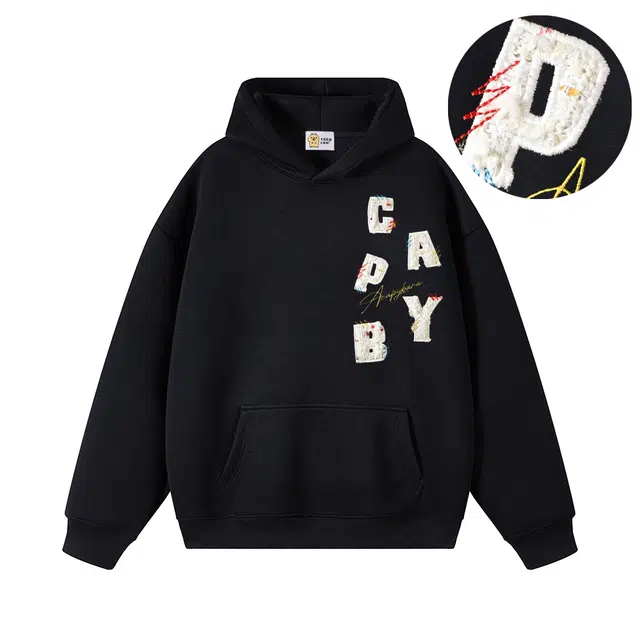 卡皮巴拉小黄豚 万针刺绣彩点小香风贴布重磅美式潮牌上衣高街设计感宽松日常百搭休闲春秋薄款国潮连帽卫衣 男女同款