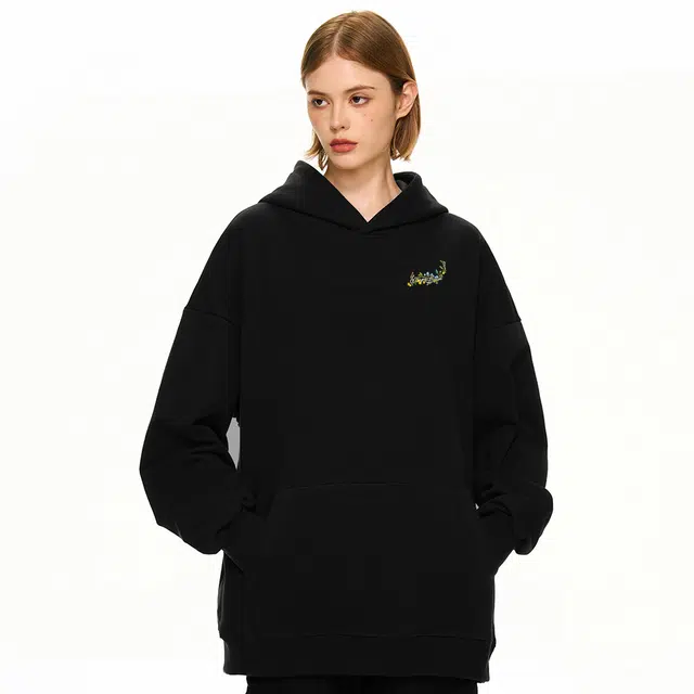 卡皮巴拉小黄豚 美式重磅繁花枝叶环绕艺术仿刺绣签名重工宽松舒适小众高级新中式慵懒无性别氛围感复古高街百搭休闲基础款连帽套头卫衣 男女同款