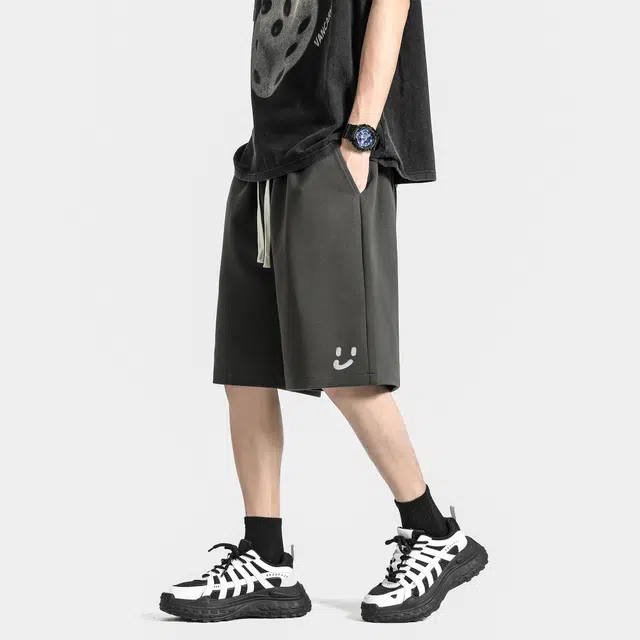 卡皮巴拉小黄豚 美式高街复古织唛笑脸万针刺绣运动重磅硬挺简约篮球跑步健身五分裤街头嘻哈百搭系带针织透气宽松休闲短裤 男女同款