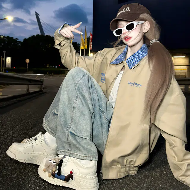 卡皮巴拉小黄豚 美式复古潮牌格纹撞色翻领高街防风外套春秋舒适休闲情侣学生党潮流百搭校园风宽松长袖夹克 男女同款