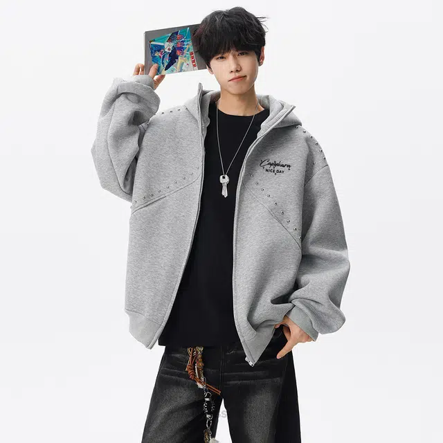 卡皮巴拉小黄豚 美式潮流高街铆钉分割解构设计仿刺绣字母印花嘻哈街头痞帅情侣时尚宽松休闲百搭慵懒显瘦垂感柔软舒适通勤开衫连帽卫衣 男女同款