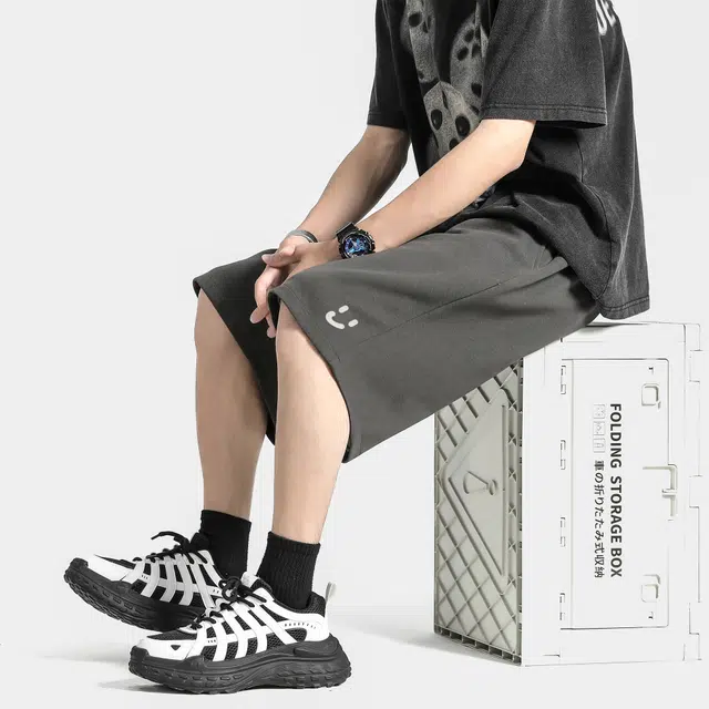 卡皮巴拉小黄豚 美式高街复古织唛笑脸万针刺绣运动重磅硬挺简约篮球跑步健身五分裤街头嘻哈百搭系带针织透气宽松休闲短裤 男女同款