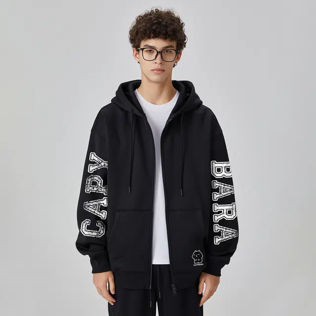 卡皮巴拉小黄豚 可露丽系列 美式高街国潮复古慵懒学院风大字母刺绣印花袖宽松落肩连帽秋冬无性别情侣百搭通勤外套绒感开衫卫衣 男女同款