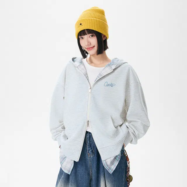 卡皮巴拉小黄豚 美式复古高街格子假两件连帽秋季潮牌夹克外套学生日常穿搭时尚百搭开衫卫衣 男女同款