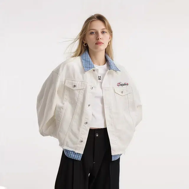 卡皮巴拉小黄豚 美式高街做旧复古原宿简约潮牌流行拼接格子翻领夹克假两件宽松休闲时尚百搭通勤牛仔外套 男女同款