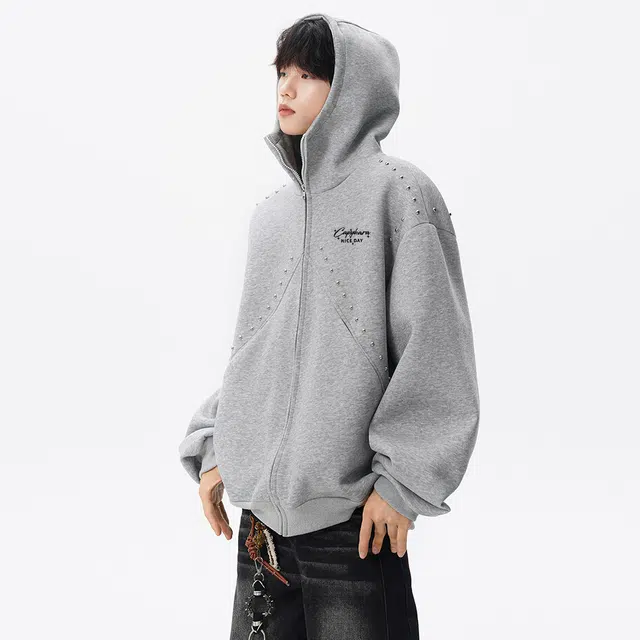 卡皮巴拉小黄豚 美式潮流高街铆钉分割解构设计仿刺绣字母印花嘻哈街头痞帅情侣时尚宽松休闲百搭慵懒显瘦垂感柔软舒适通勤开衫连帽卫衣 男女同款