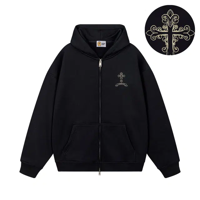 卡皮巴拉小黄豚 潮牌美式高街十字架印花重磅连帽外套双拉链设计运动通勤宽松休闲百搭舒适学院风简约学生经典情侣款卫衣 男女同款