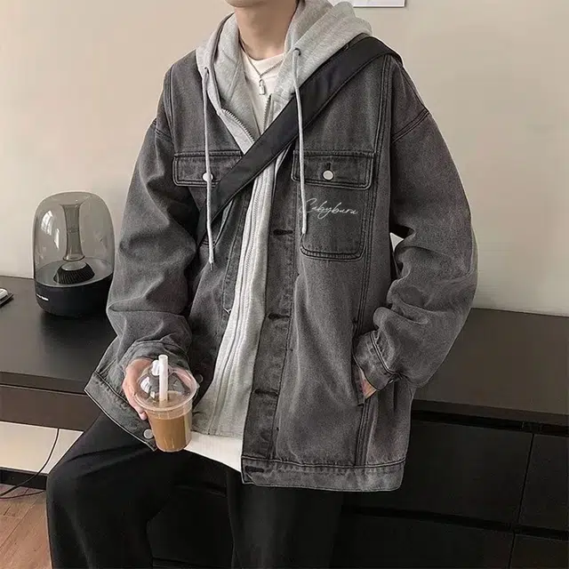 卡皮巴拉小黄豚 美式复古假两件连帽高街水洗做旧纯色基础宽松舒适时尚百搭街头潮流通勤秋季垂感直筒重磅开衫落肩牛仔外套 男女同款