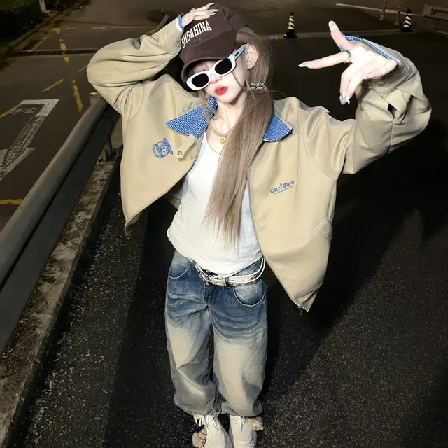 卡皮巴拉小黄豚 美式复古潮牌格纹撞色翻领高街防风外套春秋舒适休闲情侣学生党潮流百搭校园风宽松长袖夹克 男女同款