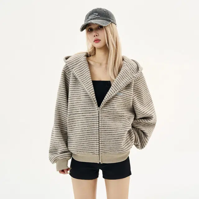 卡皮巴拉小黄豚 绒面条纹五金手工缝线连帽拉链外套无性别主义穿搭美式潮牌复古慵懒风开上日常长袖开衫卫衣 男女同款