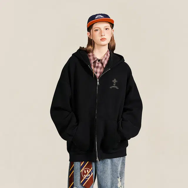 卡皮巴拉小黄豚 潮牌美式高街十字架印花重磅连帽外套双拉链设计运动通勤宽松休闲百搭舒适学院风简约学生经典情侣款卫衣 男女同款