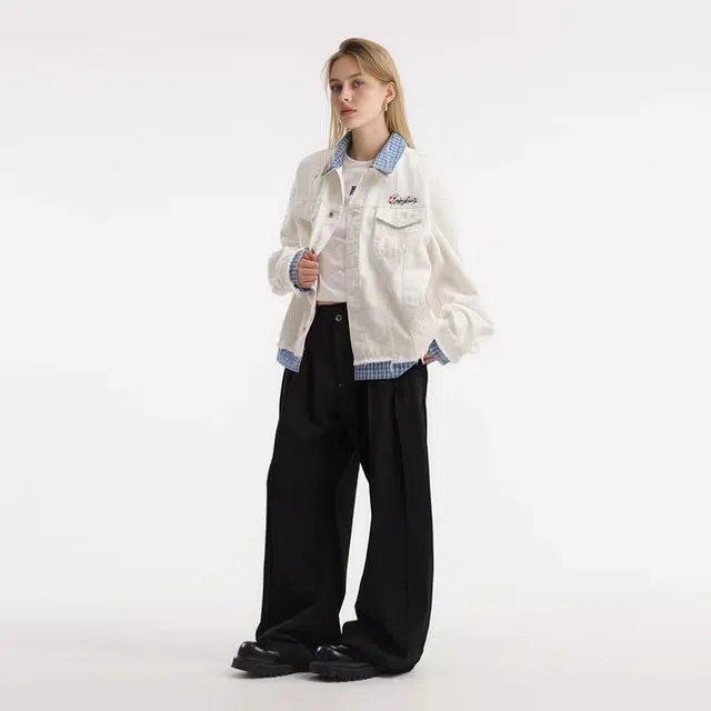 卡皮巴拉小黄豚 美式高街做旧复古原宿简约潮牌流行拼接格子翻领夹克假两件宽松休闲时尚百搭通勤牛仔外套 男女同款