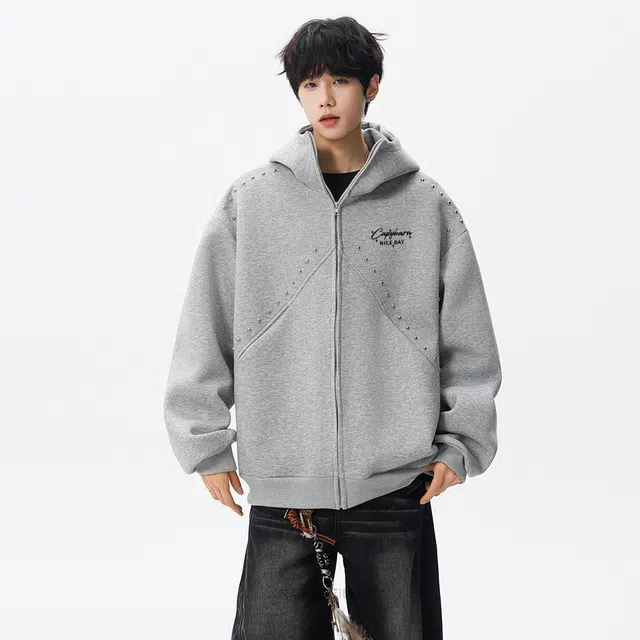 卡皮巴拉小黄豚 美式潮流高街铆钉分割解构设计仿刺绣字母印花嘻哈街头痞帅情侣时尚宽松休闲百搭慵懒显瘦垂感柔软舒适通勤开衫连帽卫衣 男女同款