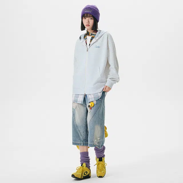 卡皮巴拉小黄豚 美式复古高街格子假两件连帽秋季潮牌夹克外套学生日常穿搭时尚百搭开衫卫衣 男女同款