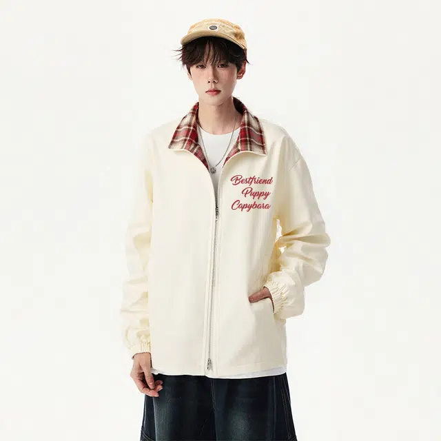 卡皮巴拉小黄豚 格子拼接翻领机能风山系户外性别主义飞行员背面字母印花登山露营时尚百搭防风防水宽松休闲拉链软壳长袖夹克外套 男女同款