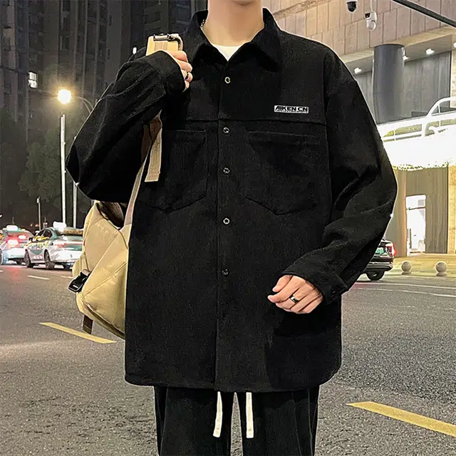 爱肯 美式复古灯芯绒纹理纯色字母去皮标宽松休闲翻领垂感长袖衬衫 男女同款