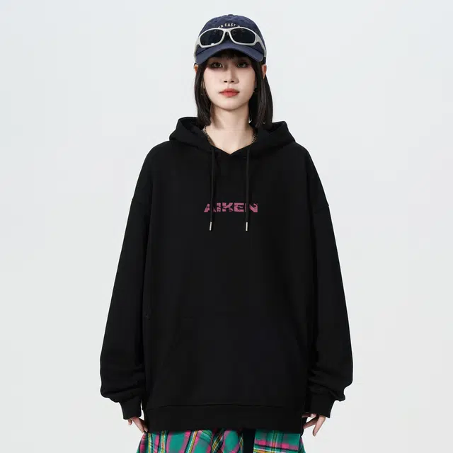 爱肯 美式高街破裂做旧字母印花上衣宽松时尚休闲百搭袋鼠兜落肩套头无性别主义长袖连帽衫卫衣 男女同款