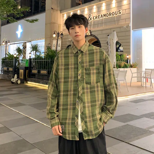 爱肯 美式高街字母刺绣标日系复古格子条纹翻领宽松落肩休闲百搭纽扣薄款透气格纹小衫长袖衬衫 男女同款