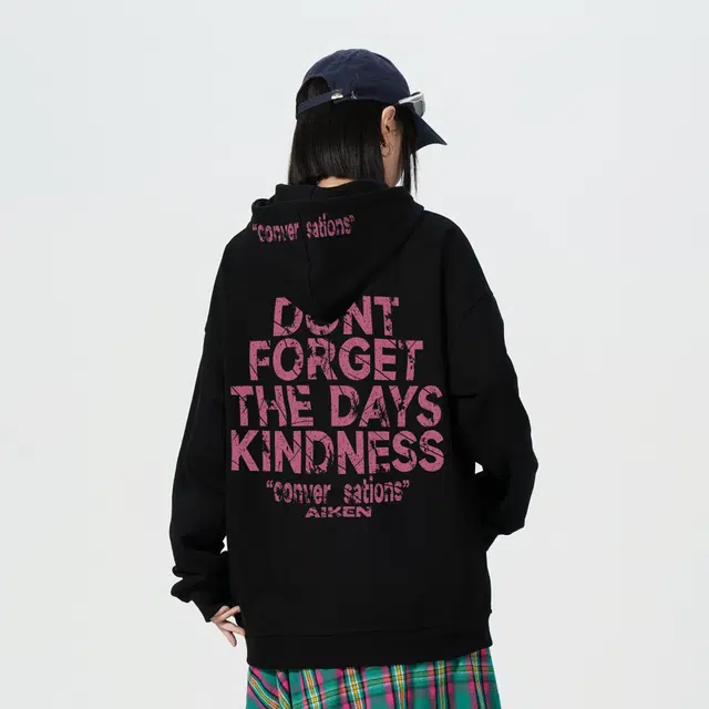 爱肯 美式高街破裂做旧字母印花上衣宽松时尚休闲百搭袋鼠兜落肩套头无性别主义长袖连帽衫卫衣 男女同款