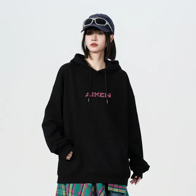 爱肯 美式高街破裂做旧字母印花上衣宽松时尚休闲百搭袋鼠兜落肩套头无性别主义长袖连帽衫卫衣 男女同款