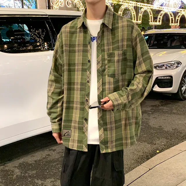 爱肯 美式高街字母刺绣标日系复古格子条纹翻领宽松落肩休闲百搭纽扣薄款透气格纹小衫长袖衬衫 男女同款