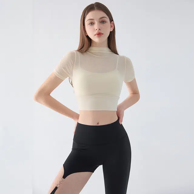 岚纹 纯色舒适含胸垫网纱假两件运动短袖健身衣 女款