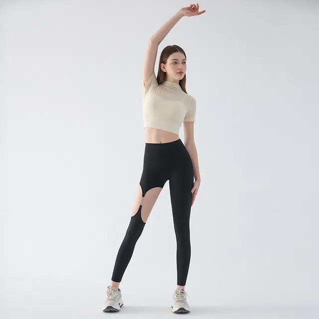 岚纹 纯色舒适含胸垫网纱假两件运动短袖健身衣 女款
