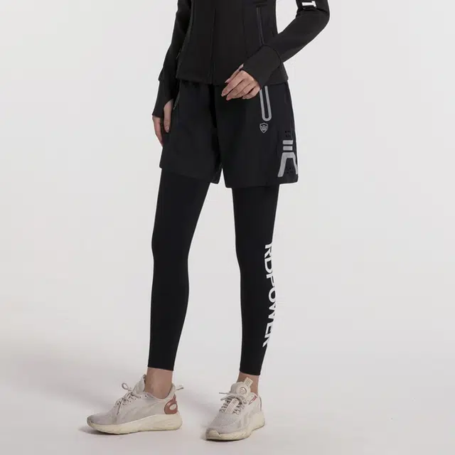 岚纹 品牌字母印花薄款修身透气高腰假两件运动长裤 女款 黑色