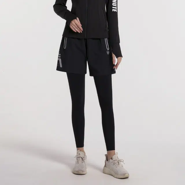 岚纹 品牌字母印花薄款修身透气高腰假两件运动长裤 女款 黑色