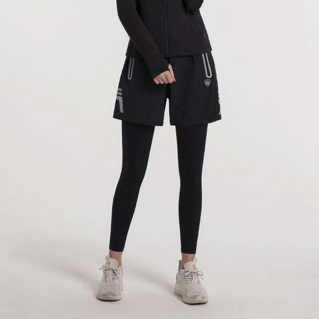 岚纹 品牌字母印花薄款修身透气高腰假两件运动长裤 女款 黑色