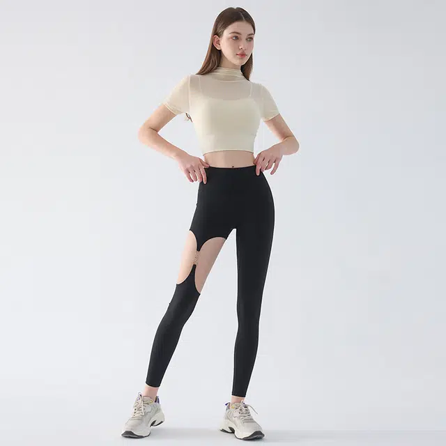 岚纹 纯色舒适含胸垫网纱假两件运动短袖健身衣 女款