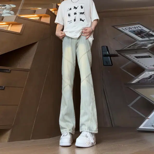 大白鲨 美式复古韩版港风拼接直筒微喇高街潮流百搭休闲设计感水洗做旧显高裤子牛仔裤 男女同款