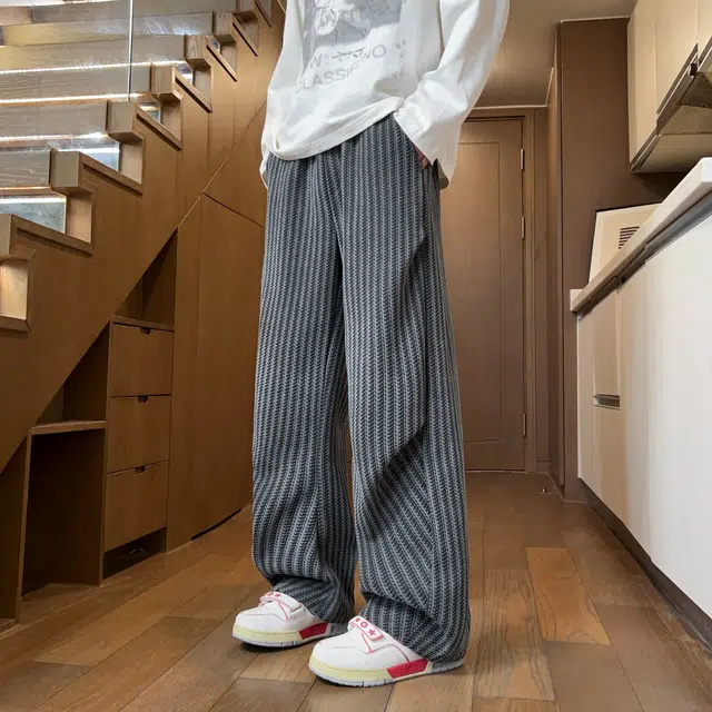 素杭 潮流宽松垂感直筒长裤慵懒感条纹松紧腰阔腿裤子中性风日常基础百搭运动休闲裤 男女同款