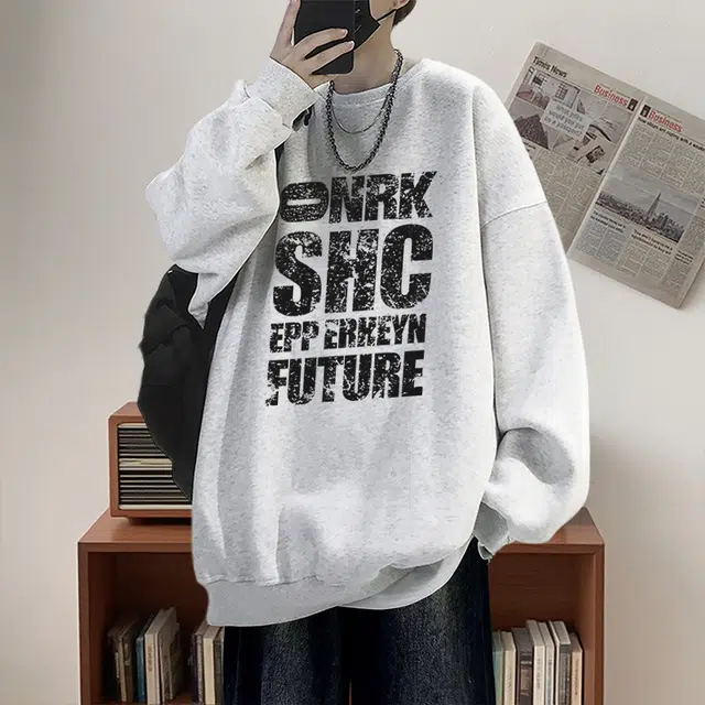 素杭 美式复古斑驳字母印花圆领长袖打底衫潮流宽松大码情侣款上衣日常休闲百搭外套卫衣 男女同款